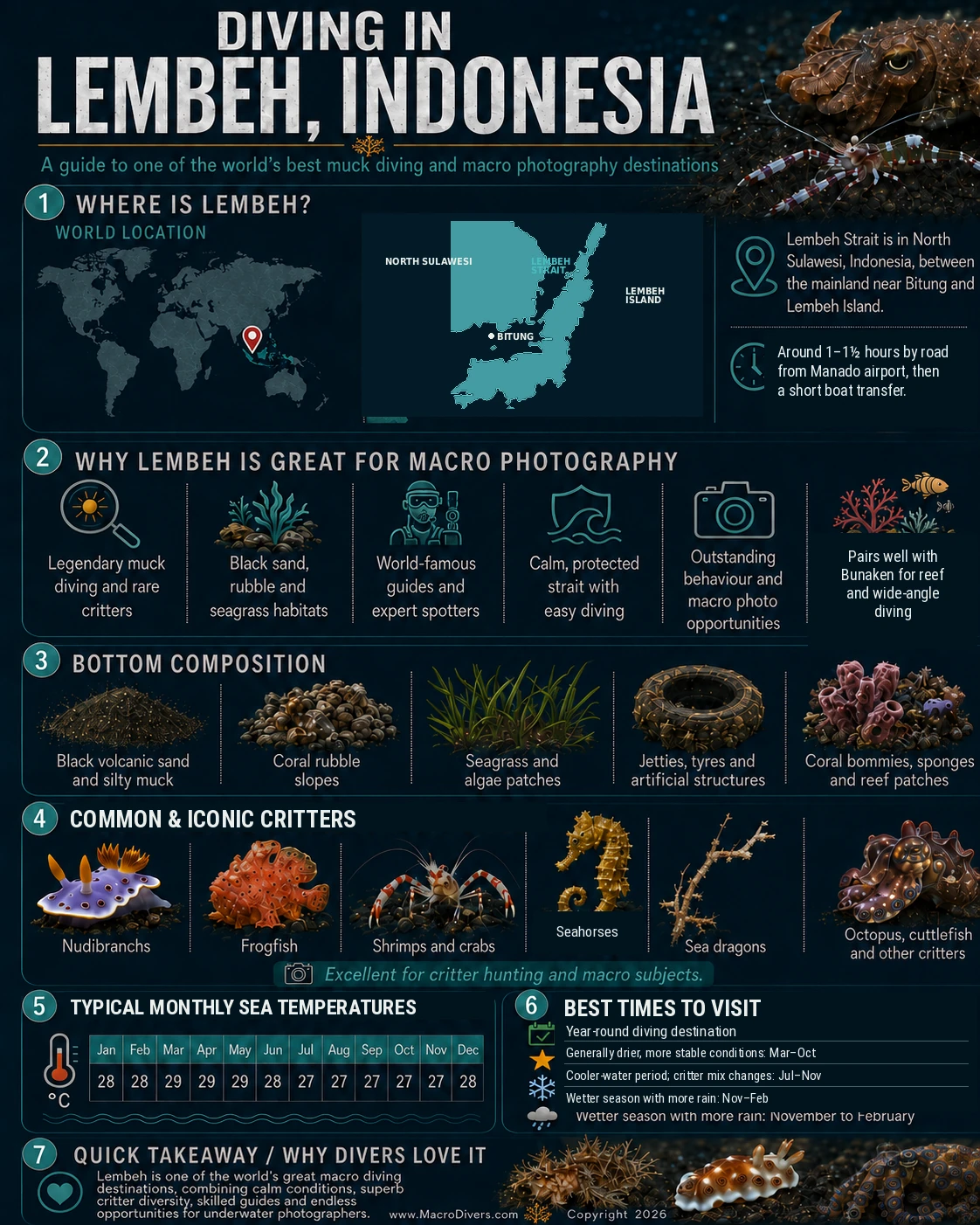 Lembeh Strait macro diving guide infographic showing location, critters, diving conditions and seasonal information