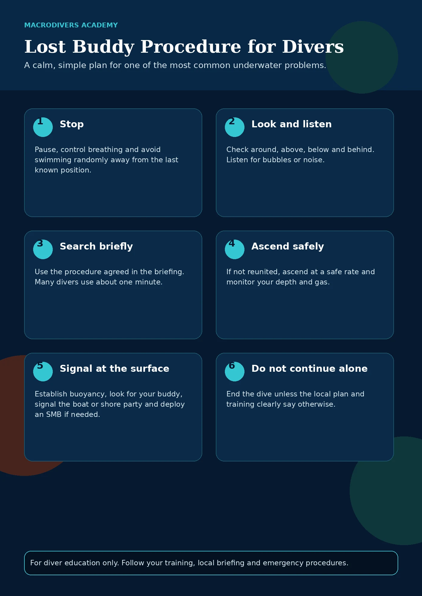 MacroDivers infographic showing lost buddy procedure steps: stop, look, listen, search briefly, ascend safely and reunite at the surface.